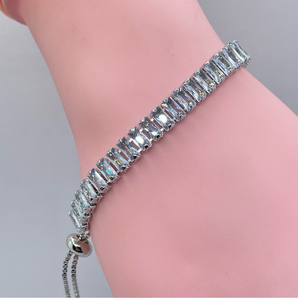 Swarovski Elements Crystal Baguette Tennis Bracelet Adjustable Slider Silver